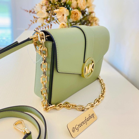 Michael Kors Carmen Medium Monogram Flap Crossbody leather Light Sage - Picture 4 of 9